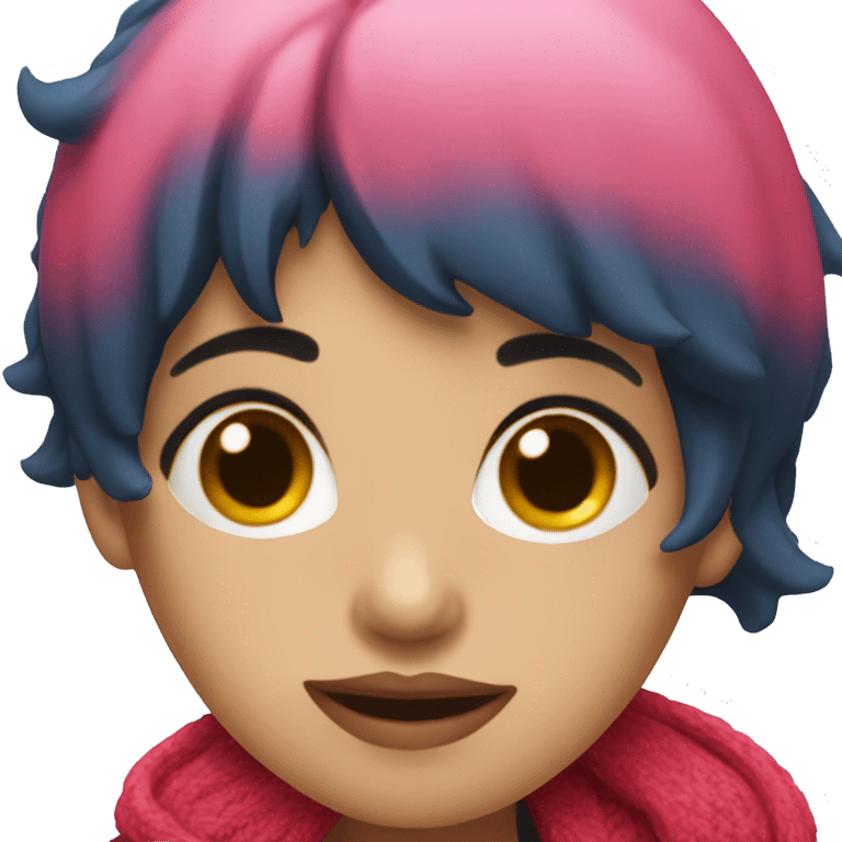 A pink woman with messy black short hair, two red horns wearing a blue cardigan emoji