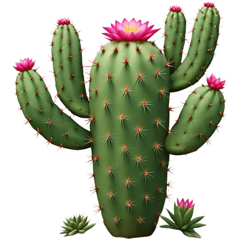 Cinematic Realistic Cactus Emoji, Tall and spiny, with thick, rounded stems covered in sharp spines. Bright flowers bloom at the tips of some branches, adding a pop of color against the desert backdrop. Soft glowing outline, capturing the essence of strength, survival, and desert beauty in a striking cactus! emoji