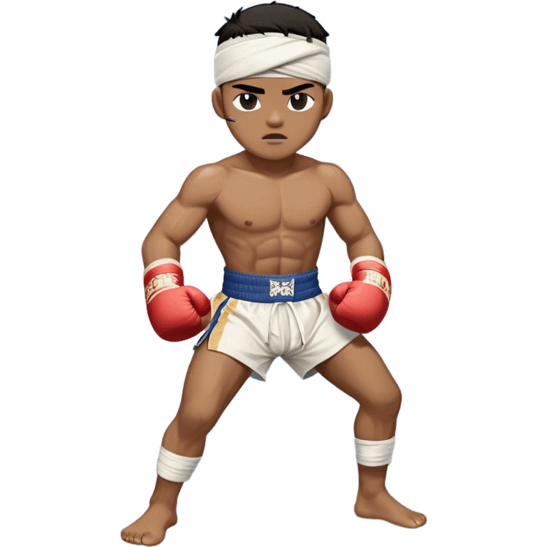 ​Cinematic Realistic Traditional Muay Thai Fighter such as Buakaw Banchamek, depicted in authentic attire featuring white bandaged gloves wrapped around his fists, a traditional headband tied neatly, and classic Muay Thai shorts, captured in a dynamic fighting stance under dramatic, high-energy lighting that highlights the raw power and elegance of the art, emoji