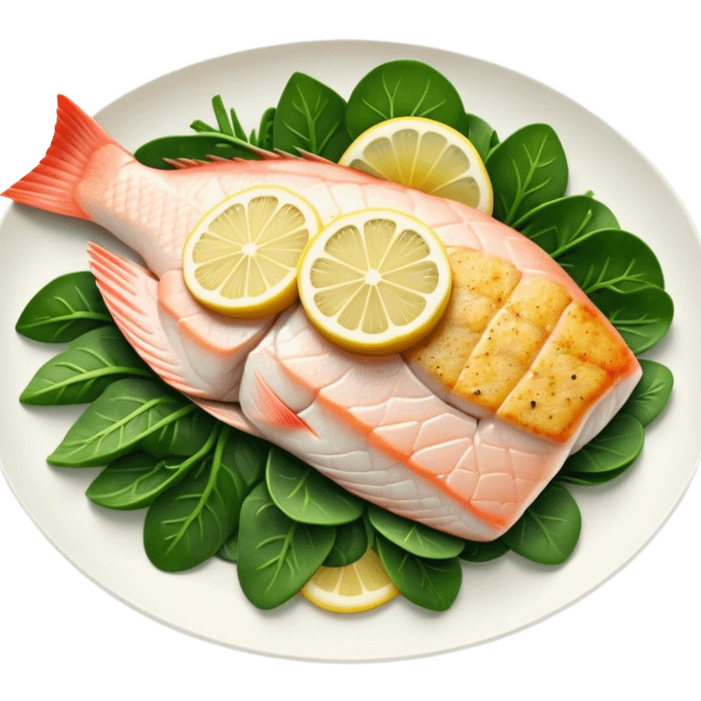 Cinematic fresh snapper fillet, pan-seared to golden perfection, soft and flaky texture, resting on a bed of sautéed greens, warm glowing background, refined and elegant. emoji