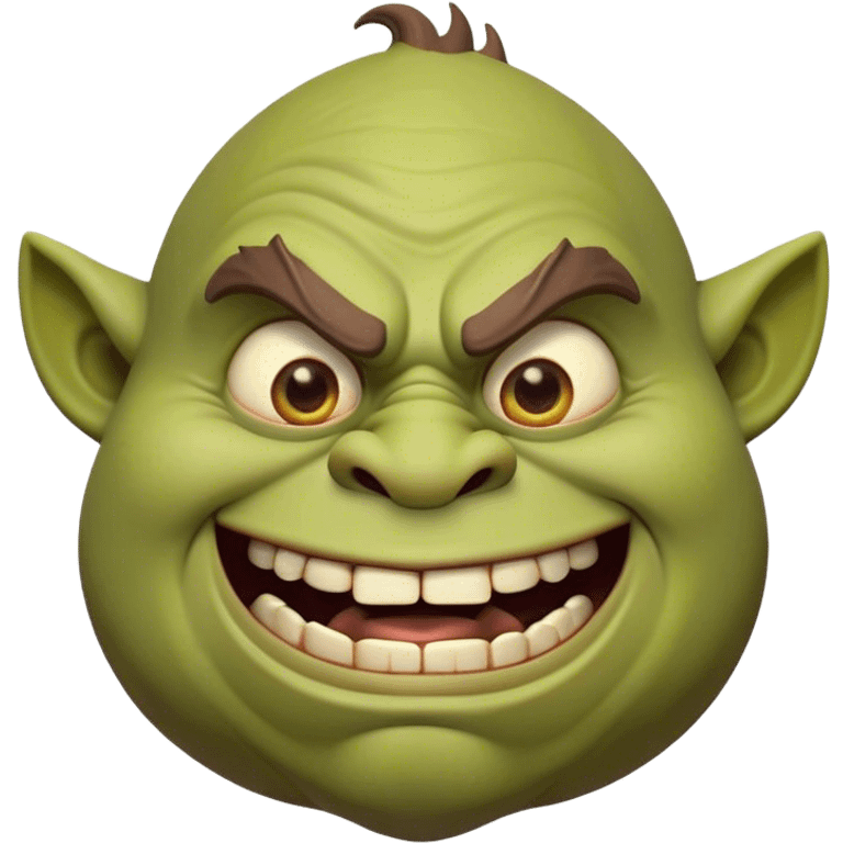 Cinematic Comical Ogre Portrait Emoji, with a strikingly exaggerated, bulky figure in vivid earthy greens and browns, head tilted in a dramatically surprised expression with wide, comically bulging eyes and a goofy, oversized grin, simplified yet hilariously exaggerated, highly detailed with a soft, cartoonish glowing outline capturing the playful absurdity of a meme-worthy ogre! emoji