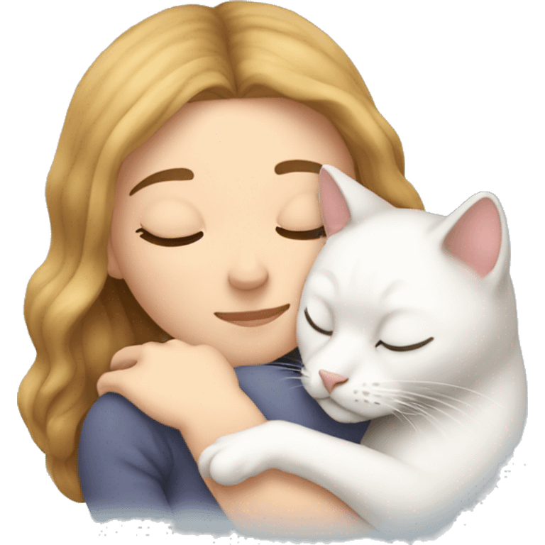 White girl sleeping, hugging her cat emoji