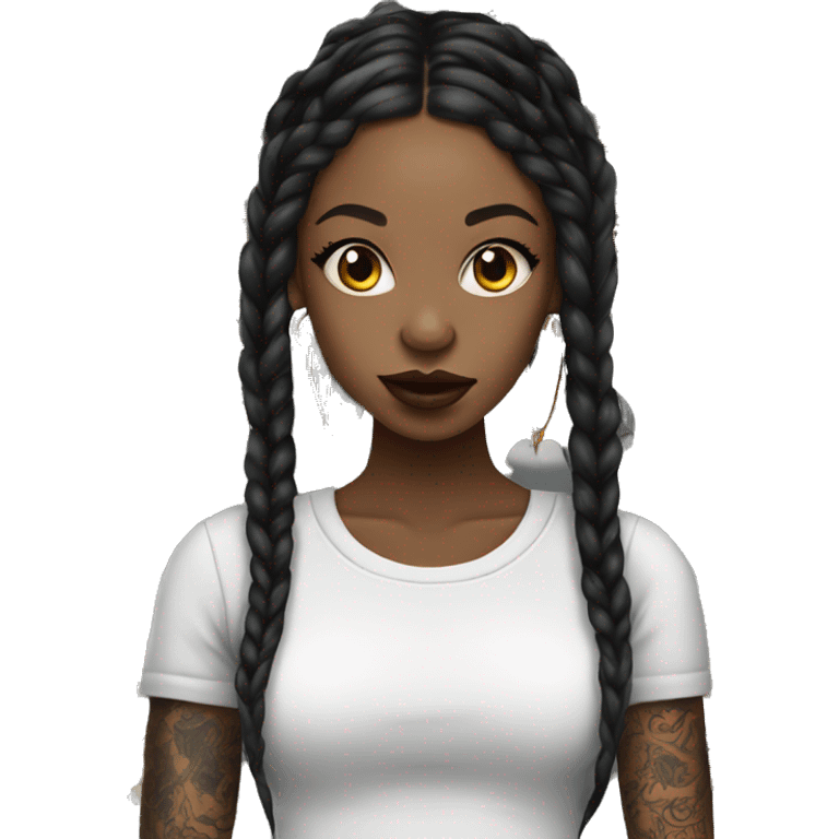 Black girl with tattoos wearing black long straight braids and wearing a cute outfit smoking   emoji