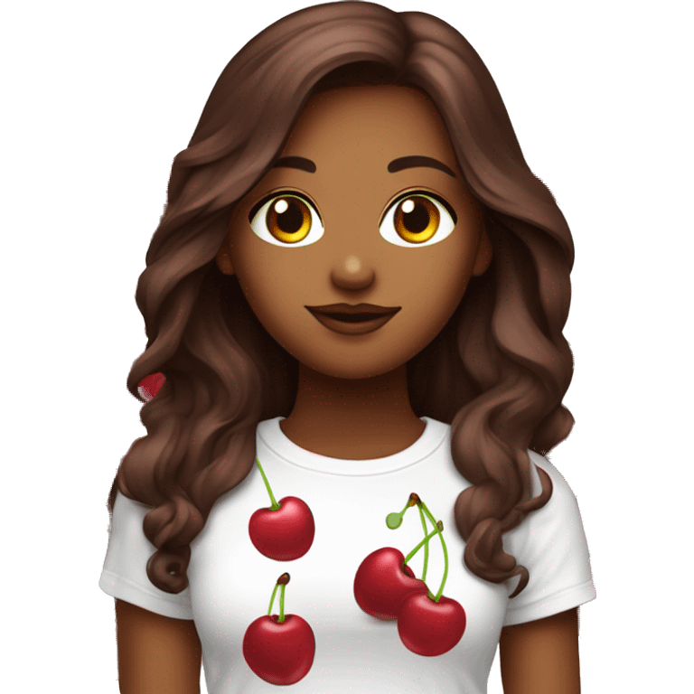 Dark cherry red long hair beautiful woman wear white t-shirt with cherry print  emoji