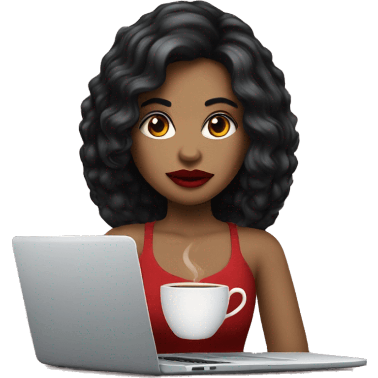 Girl with black hairs black eyes with red lips and laptop and cup of coffee  emoji