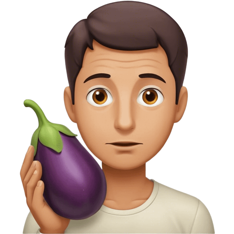 A man savoring an eggplant, his gaze betraying wonder at this fresh vegetable. emoji