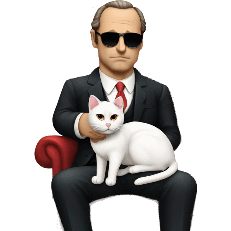 don corleone as a mafia boss sitting on a red chair while petting a white cat on his lap emoji