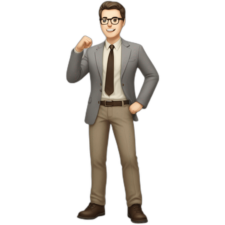 Full height Actively Gesturing Pale skinned fit man with dark brown hair in gray jacket, beige office shirt, brown tie, brown pants and vintage glasses. emoji