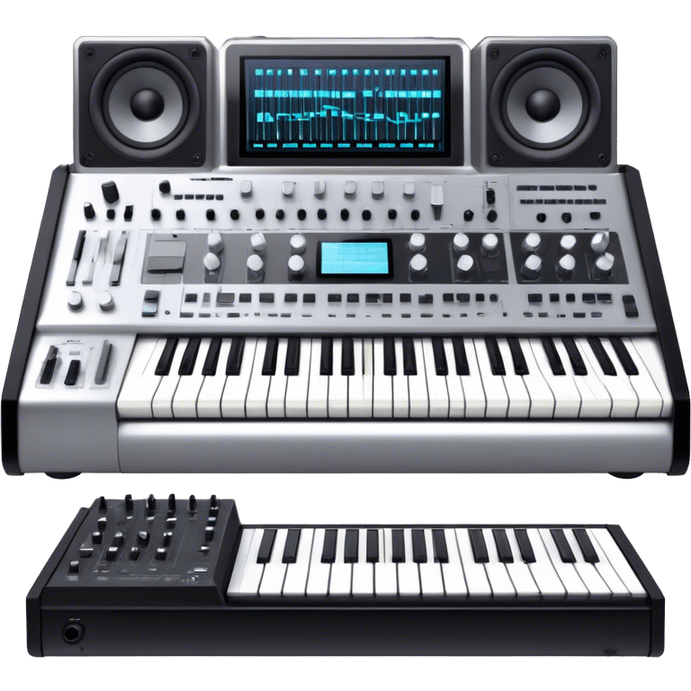 Create a professional and detailed emoji that represents sound design equipment. The design should feature a high-end Korg synthesizer, a sound mixing console, and a control panel with audio cables connecting to large studio speakers. Surround the equipment with sound waves made of musical notes to symbolize the creative process of shaping sound. Use sleek colors like silver, black, and neon accents to highlight the high-tech nature of the equipment. The background should be transparent. emoji