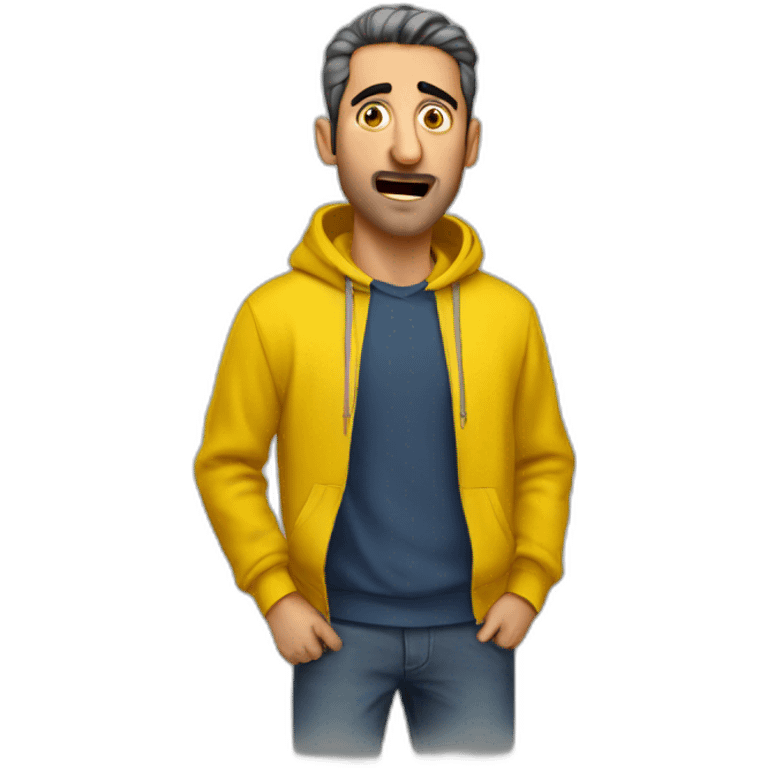 Armenian men in yellow sweatshirt shocked looking at kamera emoji