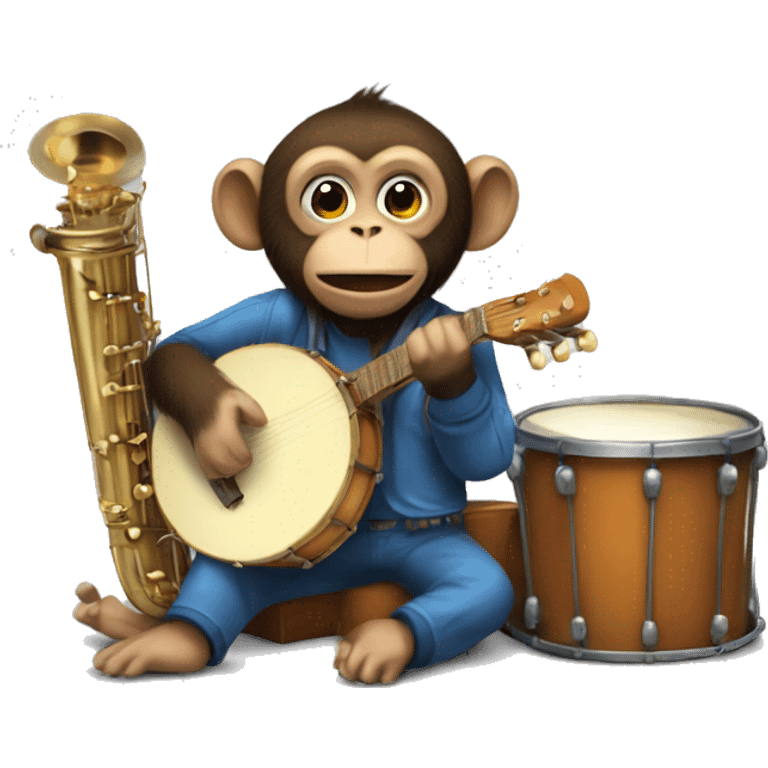 A monkey in a band playing lots of instruments at a time emoji