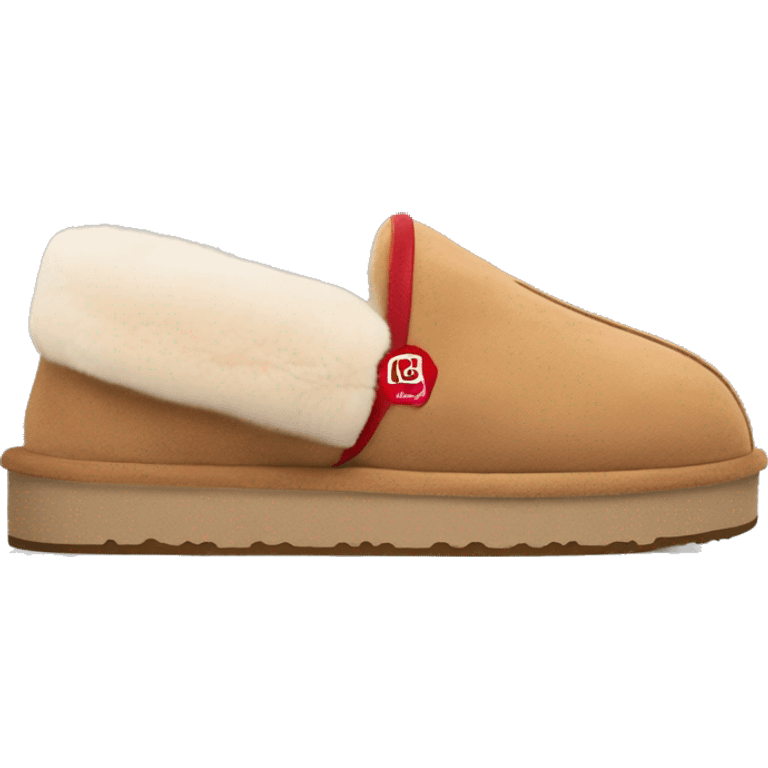 Ugg Camel slip-on slippers. A thin red zig-zag line on cuff, and a high chunky thick platform sole. emoji