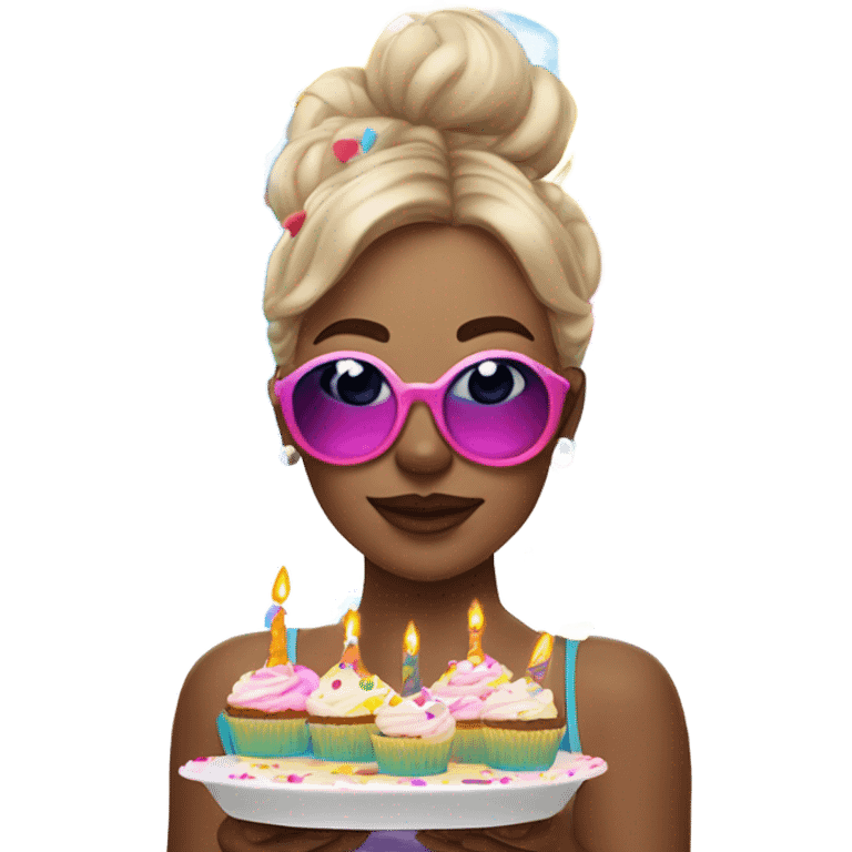 birthday girl celebrating Accessories:
Bright, multi-colored balloons floating nearby.
Confetti raining around her in vivid shades of pink, blue, yellow, and green.
A cupcake or slice of cake with a single lit candle in hand. emoji