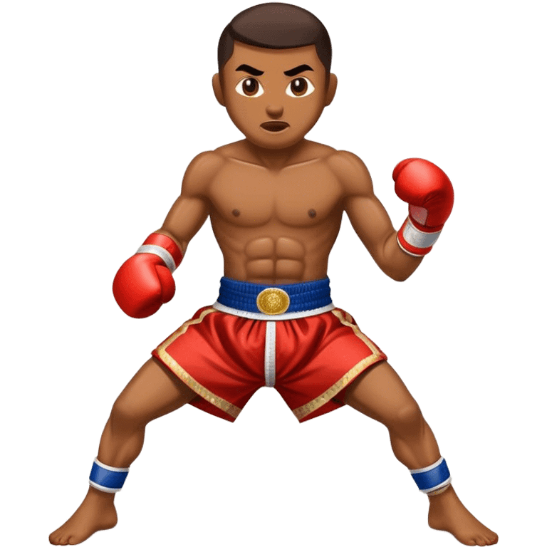 Cinematic Realistic Muay Thai Pop Culture Emoji, depicted with an action-packed portrayal of traditional Thai boxing rendered with bold textures and energetic, dramatic lighting. emoji