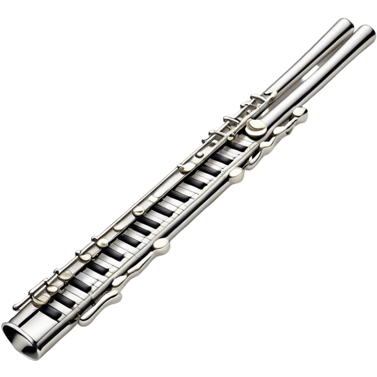 Cinematic Realistic Flute, polished silver metal with precise keywork, soft reflections of warm light dancing along its length, a musician’s delicate fingers pressing the keys, glowing with a sleek and elegant charm. emoji