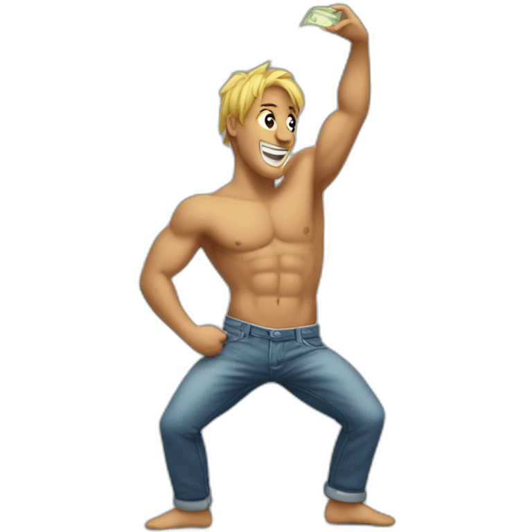 Shirtless guy dancing under raining money  emoji