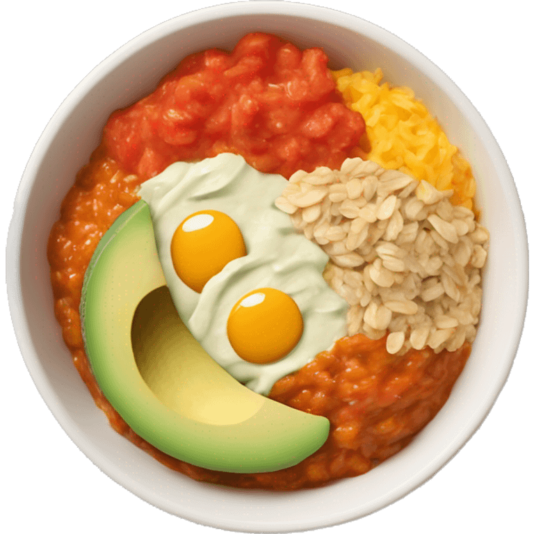 a bowl with orange rice and as topping tomate sauce, avocado creme, grinned cheese, oats, red and green sliced paprika emoji