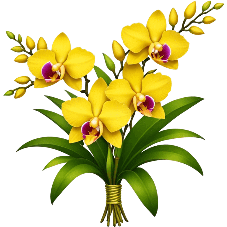 big bouquet yellow Dendrobium Orchid, stem, leaf emoji