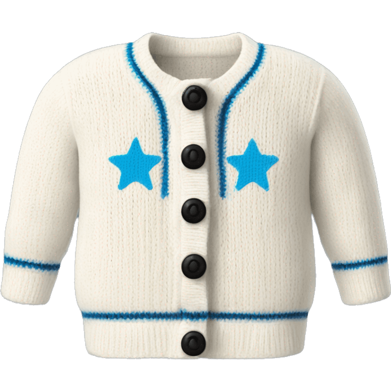 Knitted white cardigan with black detailing on the bottoms and sleeves and near the three buttons and three blue stars on each sleeve  emoji