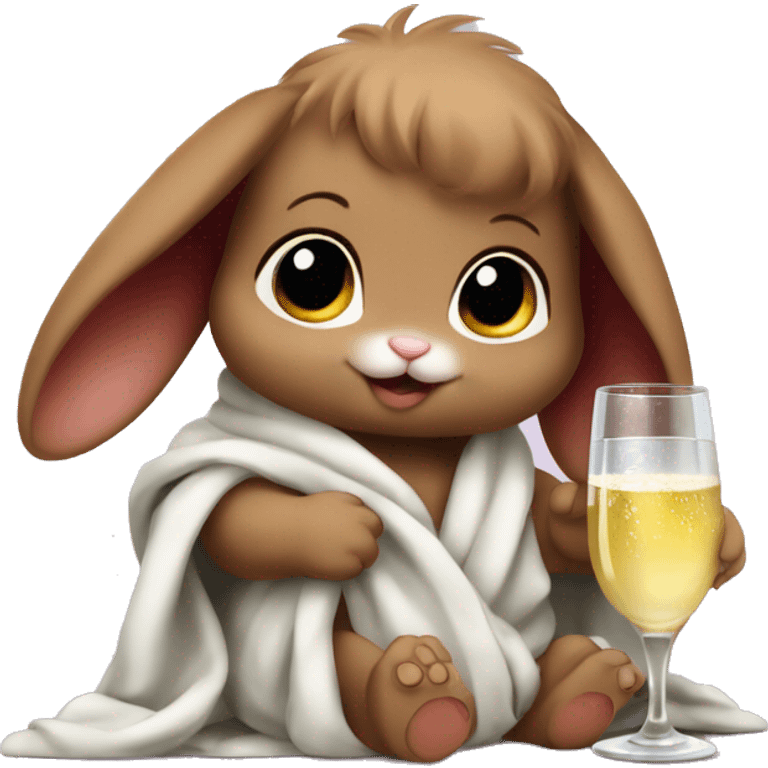 baby bunny with long burgundy hair wrapped in blanket drinking prosecco emoji