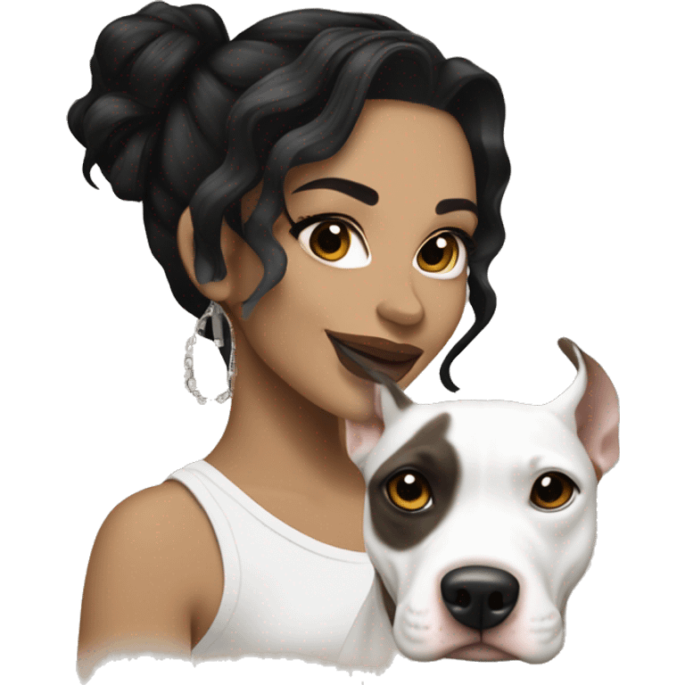 light skin woman with a face tattoo of a small cross near her eye and long wavy black hair expressing joy alongide a white and brown pitbull emoji