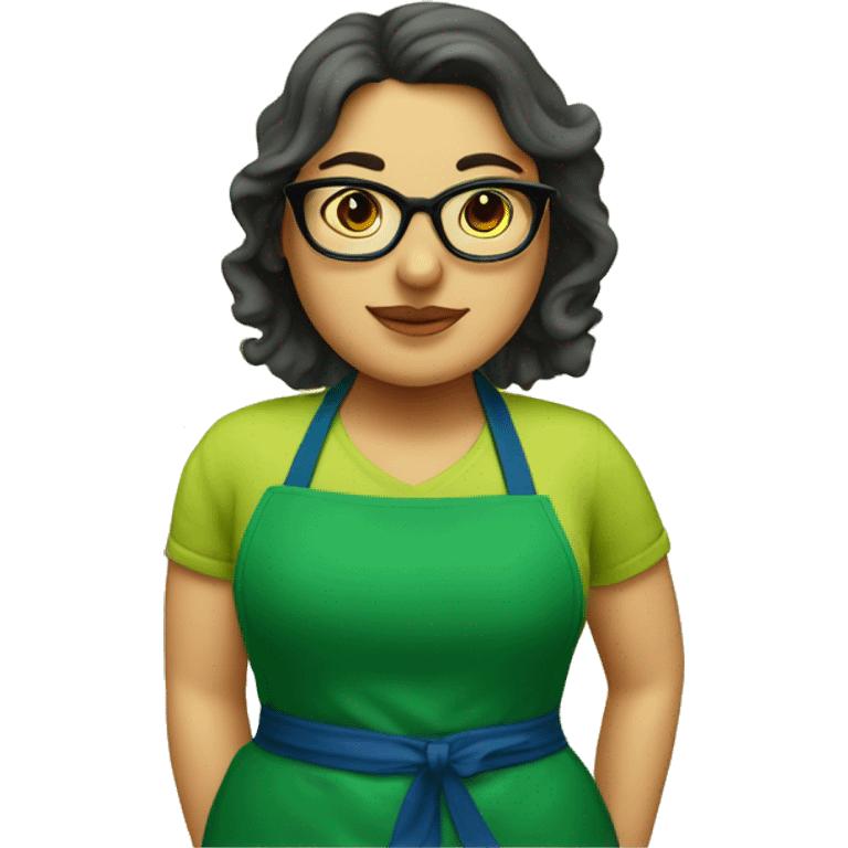 chubby lady green apron  with glasses cooking tacos emoji