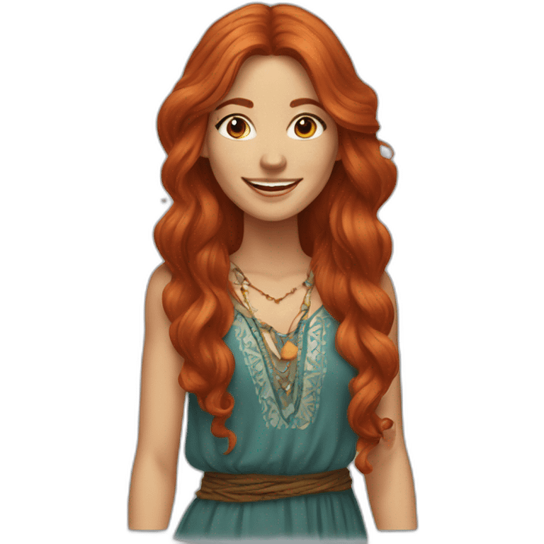 long hair redhead woman, smiling, wearing boho dress emoji