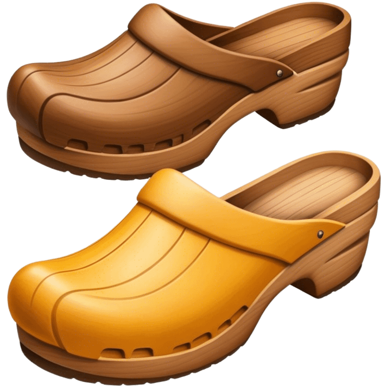 Cinematic Realistic Wooden Clogs Emoji, depicting the classic handcrafted footwear with a smooth, curved design and sturdy wooden soles, rendered with rich textures and warm, natural lighting. emoji