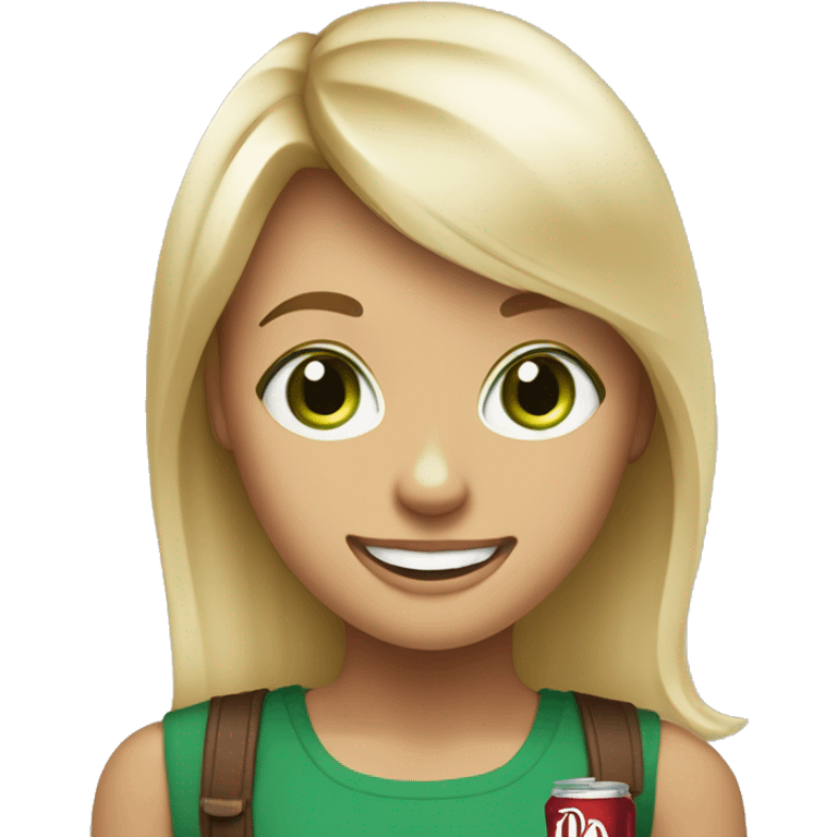 Blonde girl with shoulder length hair and swooped, bangs, big green eyes holding a diet Dr Pepper and looking happy emoji