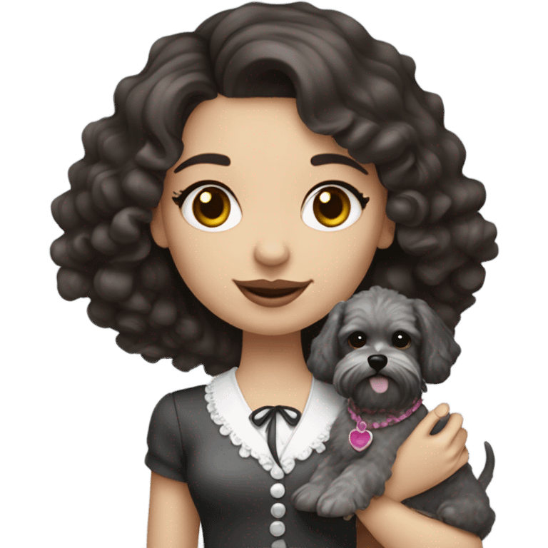 A girly with dark brown curly hair and pale skin wearing coquette clothes, and holding a salt & pepper miniature shnuaEd emoji