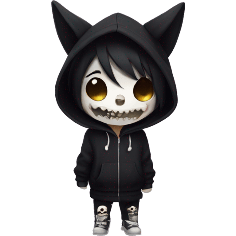 Kuromi wearing black hoodie with skull mark emoji