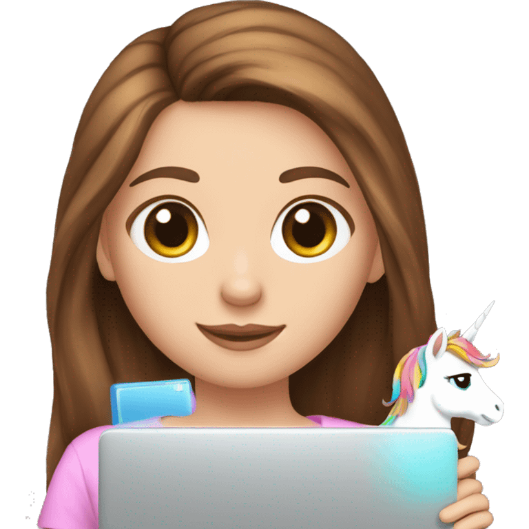 Brown hair, white girl, hazel eyes, holding a tiny colorful unicorn and a laptop emoji