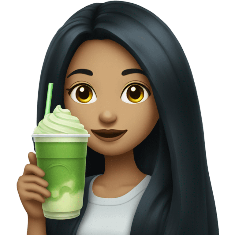 girl with long black hair and an iced matcha emoji