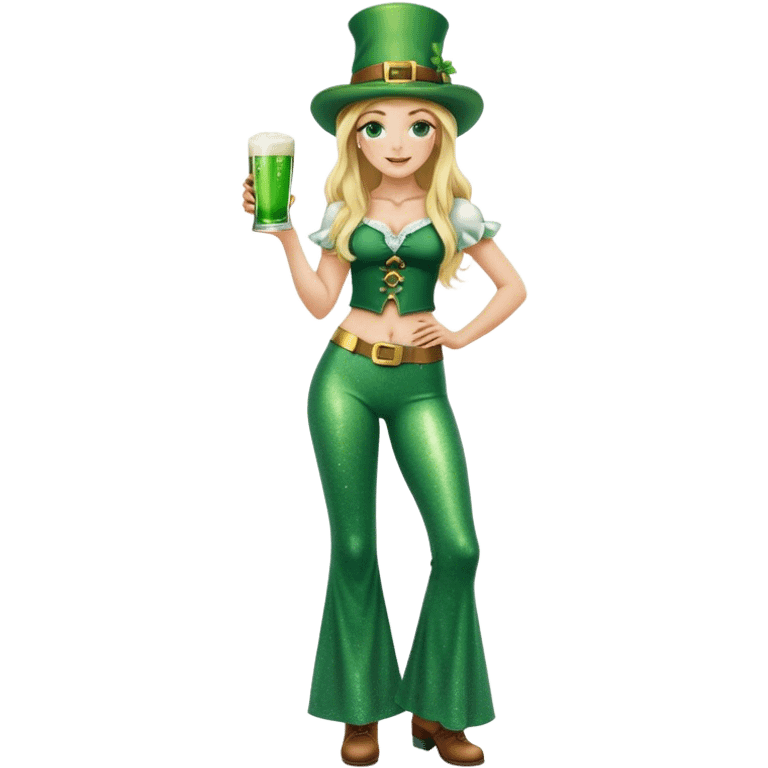 Blonde haired pretty woman with freckles glittery green bell bottoms and tall leprechaun hat holding a green beer emoji