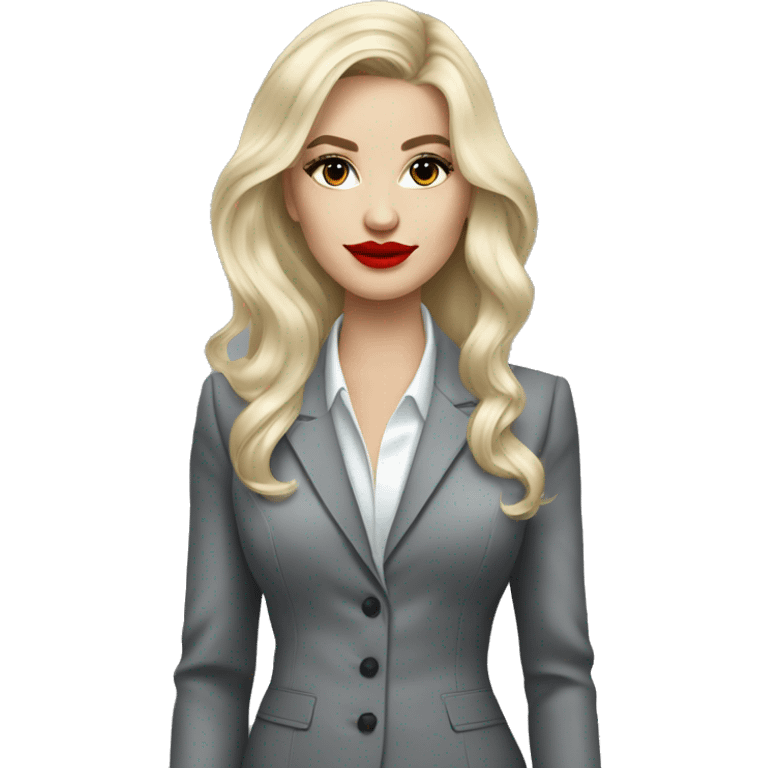 Russian Blonde long hair with red lips small nose and black eyes Tiffany diamond seller in a grey suit emoji