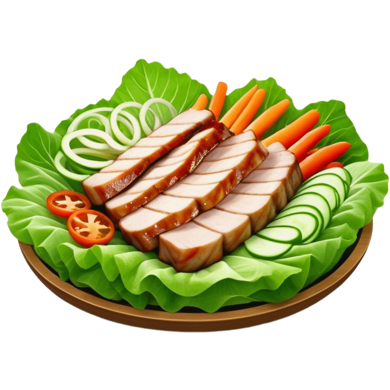 Samgyeopsal Cinematic Realistic Samgyeopsal Dish Emoji, depicted as slices of grilled pork belly served in crisp lettuce leaves with assorted fresh vegetables, rendered with dynamic textures and appetizing, natural lighting. emoji