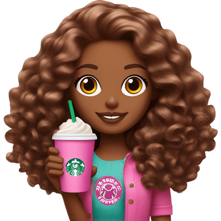 Barbie girl with brown long curly hair holding Pink starbucks refresher emoji