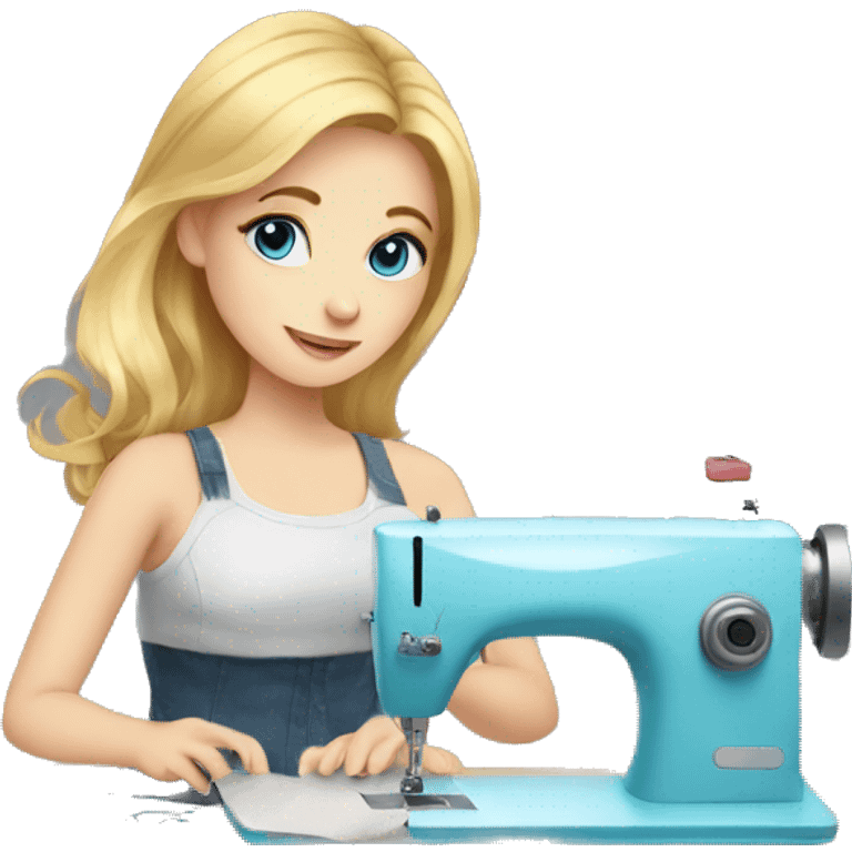 blonde girl with blue eyes working with sewing machine with cat on the floor emoji