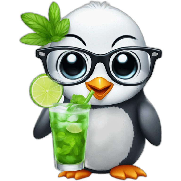 baby penguin with big glasses drinking mojito emoji