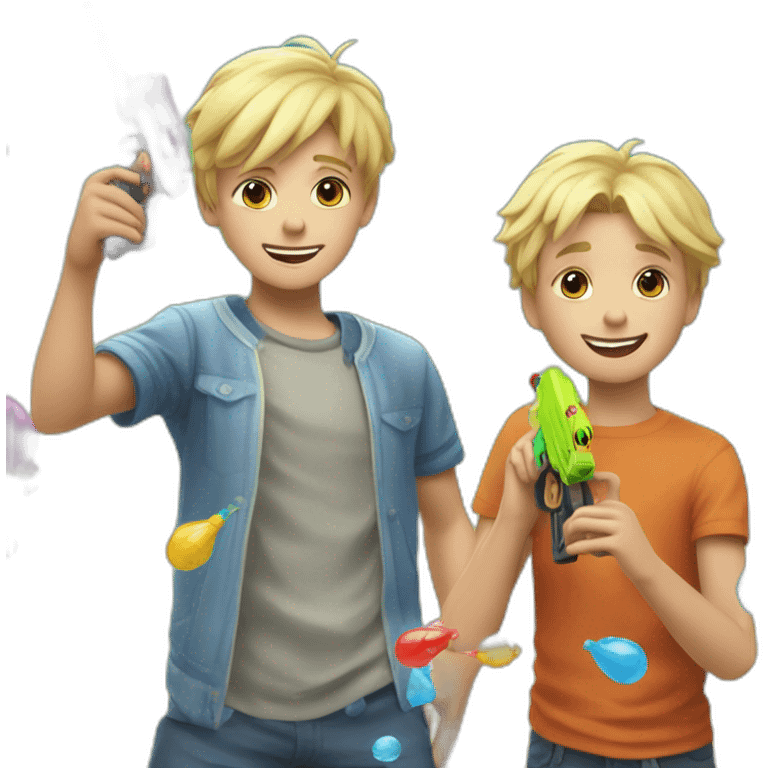 a 11 years old blonde boy and a 5 old years boy playinh wiyh water guns emoji