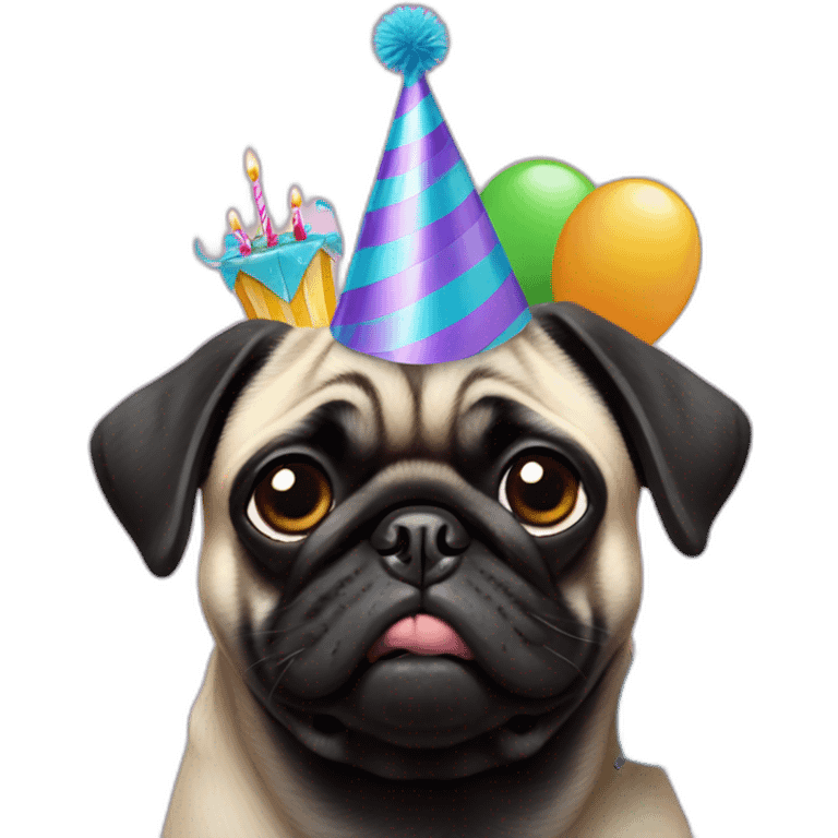 pug and black pug wearing birthday hat emoji