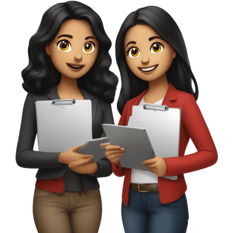 Latina with jet black hair, brunette girl, and bright red hair girl conducting surveys on clipboards and ipads emoji