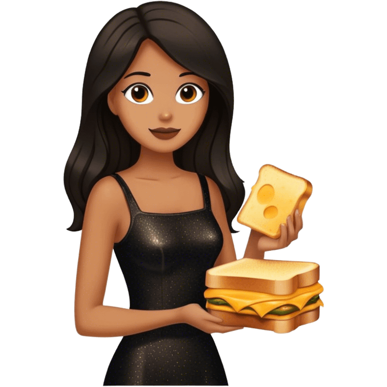 Beautiful woman in 1950’s woman fashion look, black shimmery dress, long dark brown hair, grilled cheese sandwiche emoji