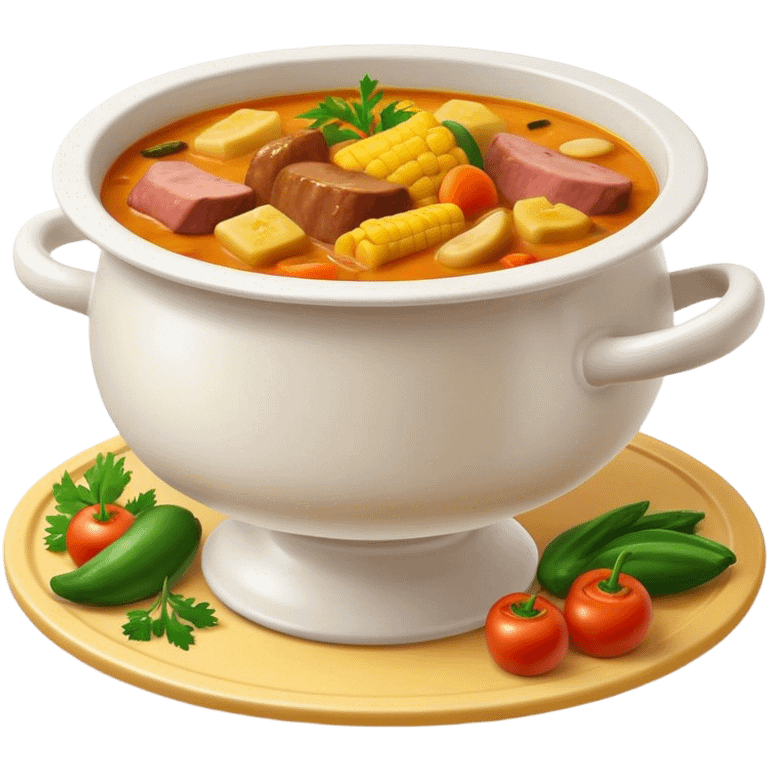 Cinematic Realistic Sancocho Soup Dish Emoji, featuring a rich, hearty stew with diverse meats and vegetables rendered with lifelike detail and warm, comforting lighting. emoji