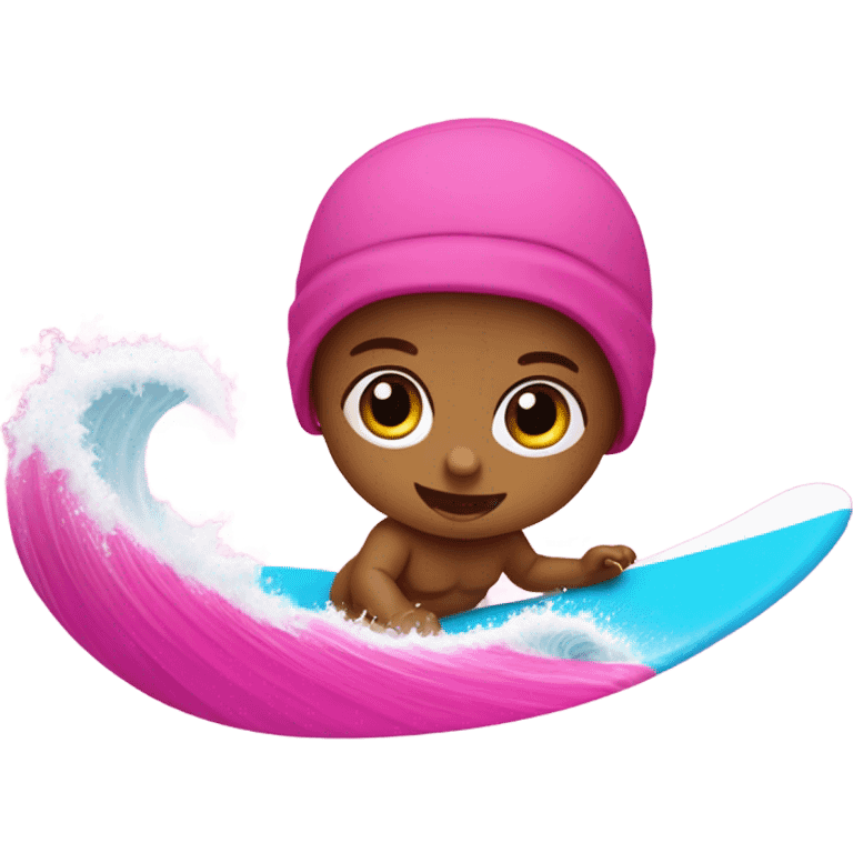 Newborn baby surfing on a hot pink ocean wave  emoji