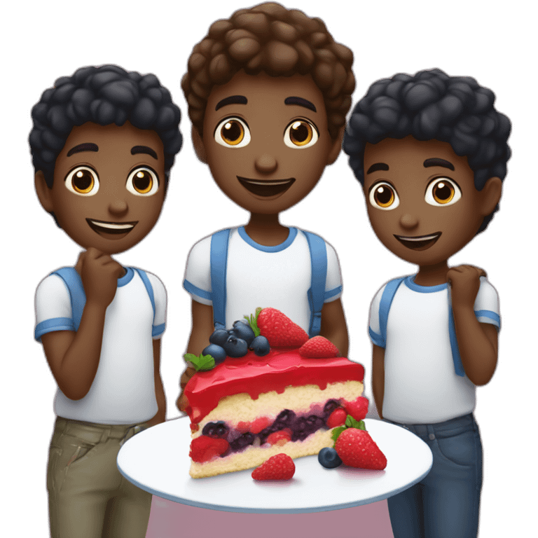 Three black littles boys who eat a trawberry, raspberry and blueberry cake emoji