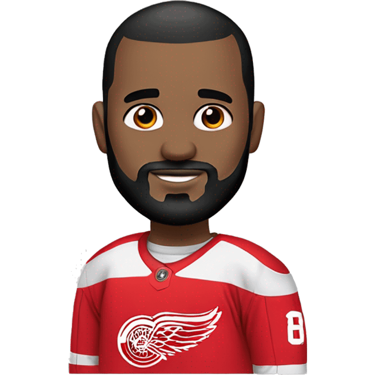 30 year old White bald man with black facial hair. Detroit red wings jersey  emoji