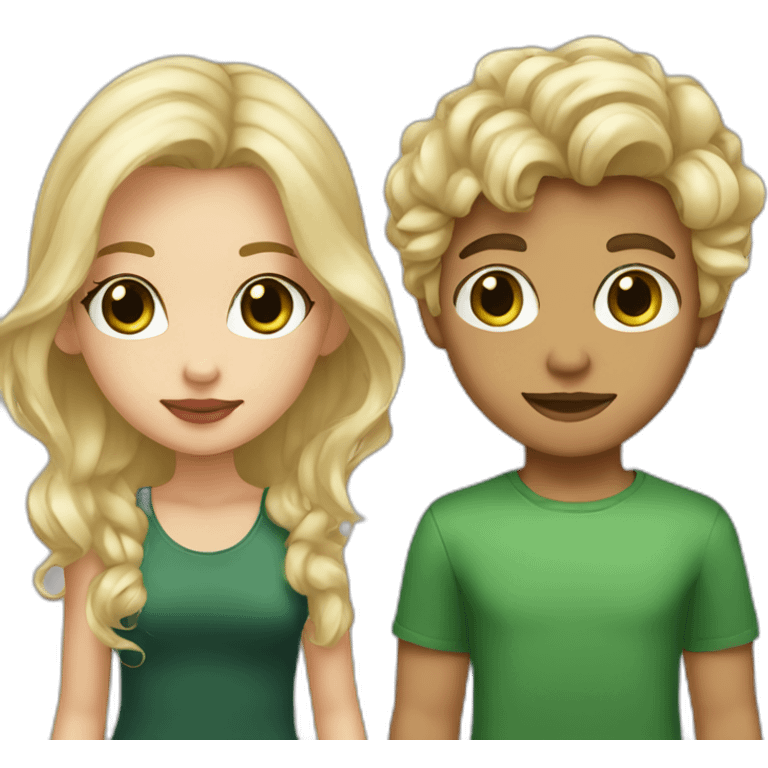 Blonde boy with brown eyes holding hands with Blonde girl green eyes wavy hair and tan skin big lips emoji