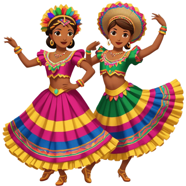 Cinematic Realistic scene of two dancers performing Cumbia, adorned in colorful traditional Colombian costumes with intricate details, captured in rhythmic motion with lively, festive lighting emoji