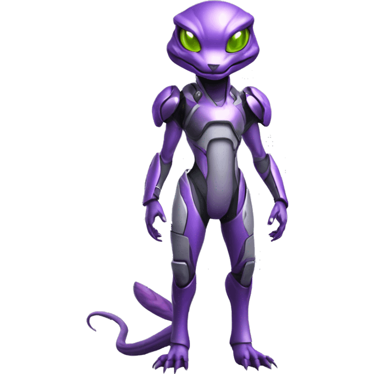 Lizard-Reptile-Raptor-Alien-Genesect-Mewtwo-Fakémon, with a futuristic visor-helmet, wearing a techwear-suit, Full Body emoji